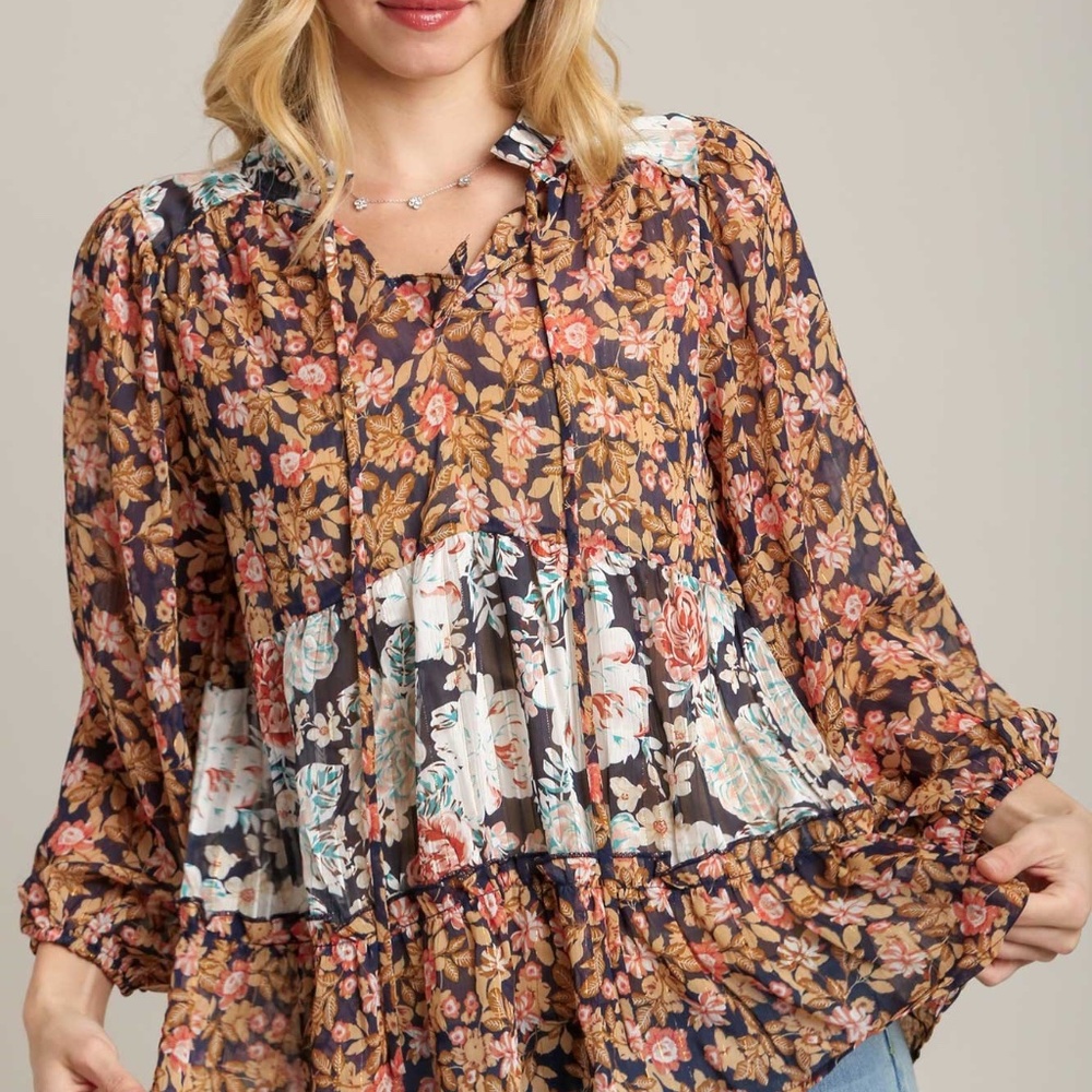 Umgee Multicolor Floral Tiered Peasant Blouse
